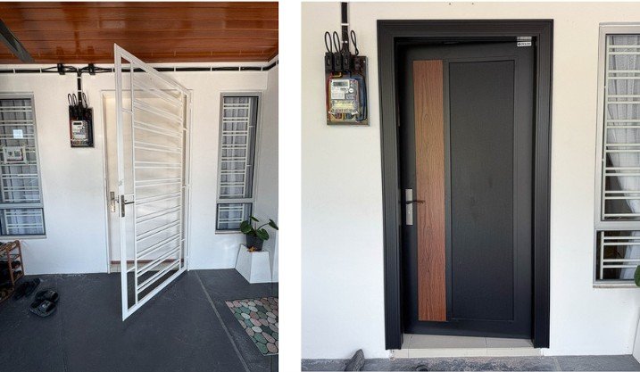 Before and after of an old grill door replaced with an aluminium security door without hacking