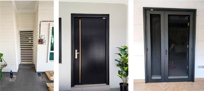 Side by side comparison of a grill door, an aluminium security door and a security mesh door
