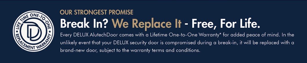 Delux AlutechDoor warranty card listing the lifetime 1-to-1 repair or replace terms