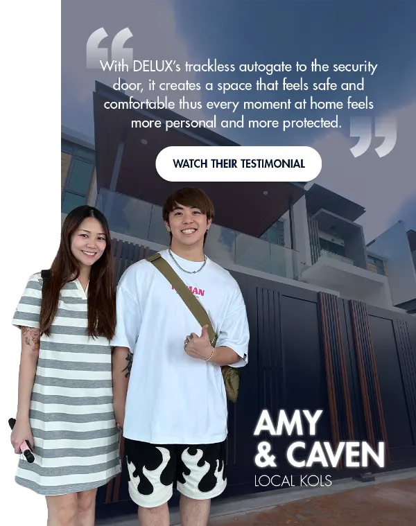 KOLs Amy and Caven with their DELUX trackless autogate and security door