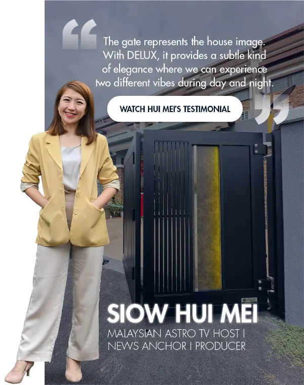 Astro TV host Siow Hui Mei standing beside her DELUX gate